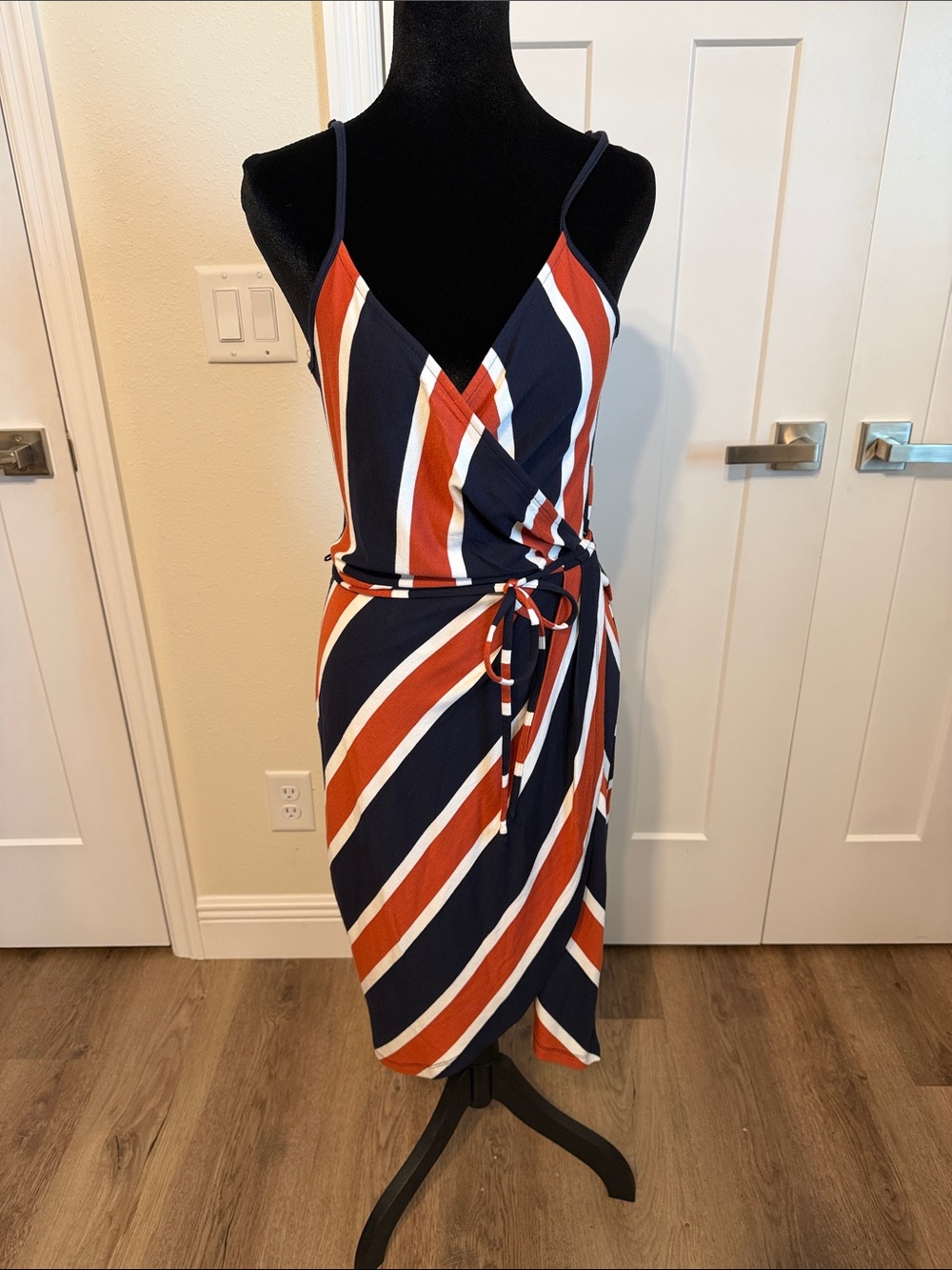 41 Hawthorn Navy, Rust & White Striped Wrap Midi Dress